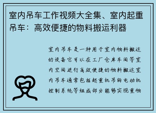 室内吊车工作视频大全集、室内起重吊车：高效便捷的物料搬运利器