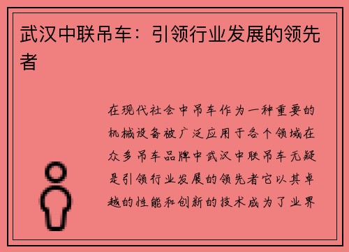 武汉中联吊车：引领行业发展的领先者