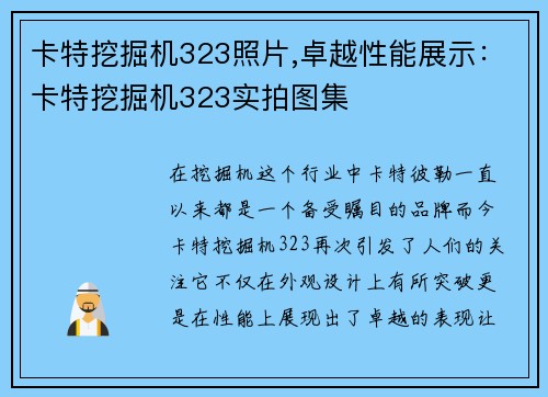 卡特挖掘机323照片,卓越性能展示：卡特挖掘机323实拍图集