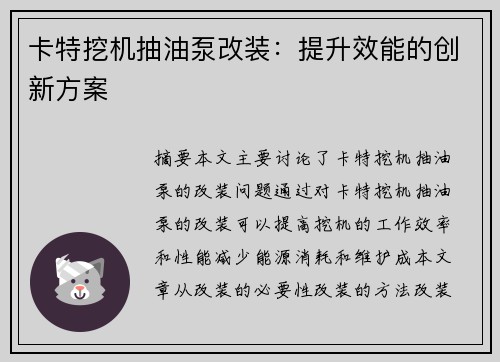 卡特挖机抽油泵改装：提升效能的创新方案